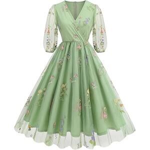 Half Sleeve Floral Embroidered Dress for Women Flower Embroidery Tulle Prom